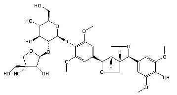 (-)-丁香樹脂酚-4-O-β-D-呋喃芹糖基-(1→2)-β-D-吡喃葡萄糖苷分子結(jié)構(gòu)圖