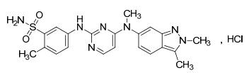 　　鹽酸培唑帕尼對照品 　　英文：Pazopanib Hydrochoride 　　類別：化學對照品 　　結構式： 　　分子式： C21H23N7O2S·HCl 　　分子量： 473.98 　　CAS 號： 635702-64-6 　　用途：供 HPLC 法和 UV 法含量測定用 　　特性量值：鹽酸培唑帕尼對照品以 C21H23N7O2S·HCl 計，供 HPLC 法測定，含量為 98.9%；供 UV 法測定，含量為 99.2%。 　　使用方法：使用前不需干燥處理 　　包裝：棕色西林瓶 　　規格：30mg/支 　　貯藏：遮光,密閉,2-8℃保存。 　　聲明：此對照品、標準品由中檢計量：提供網站查詢購買服務 　　注：點擊cas，或者搜索：名稱、編號、cas均可顯示價格